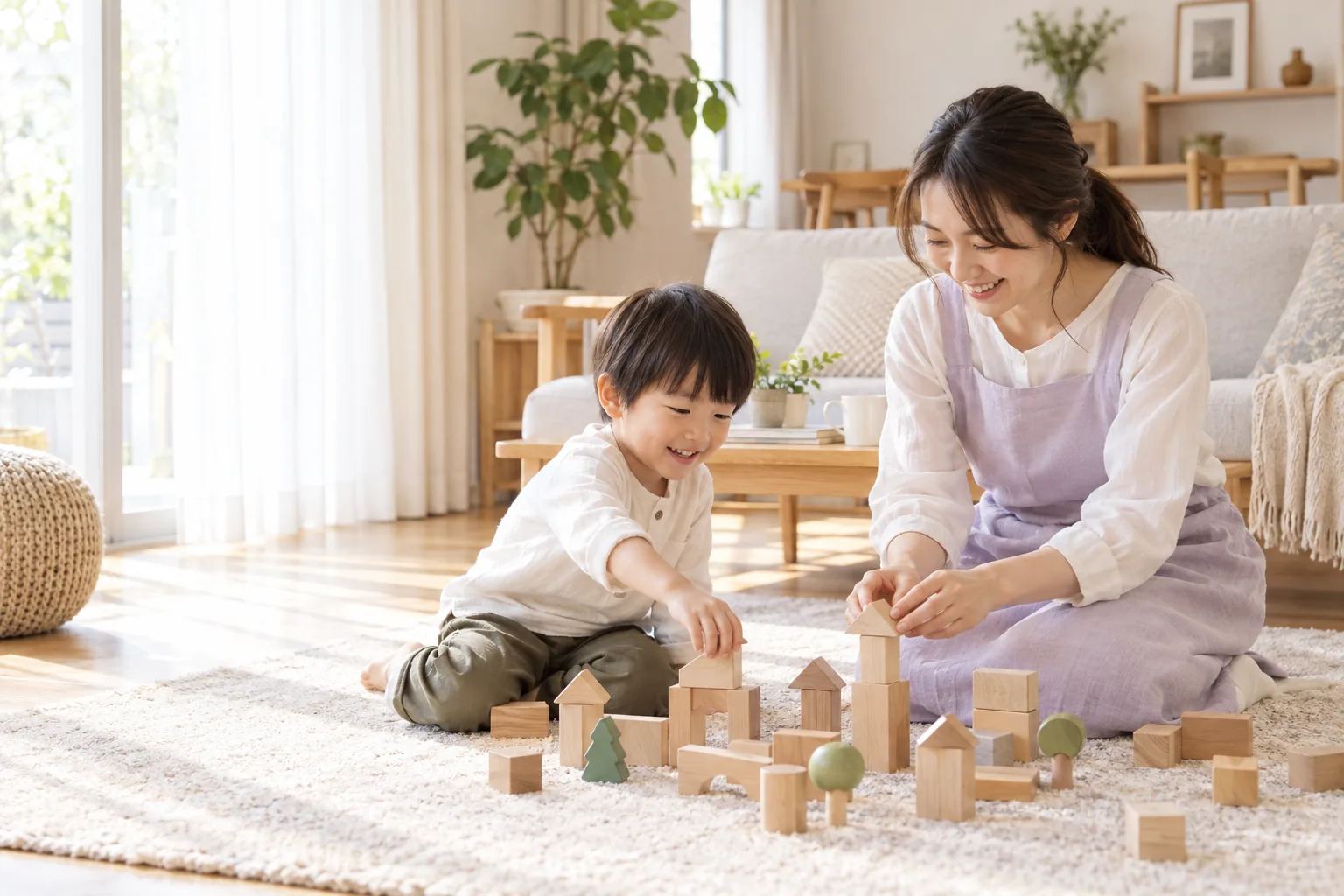 男の子と積み木で遊ぶシッターのイメージ